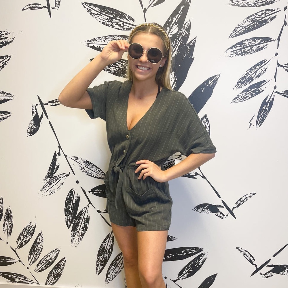 Olive Green Pinstripe Romper